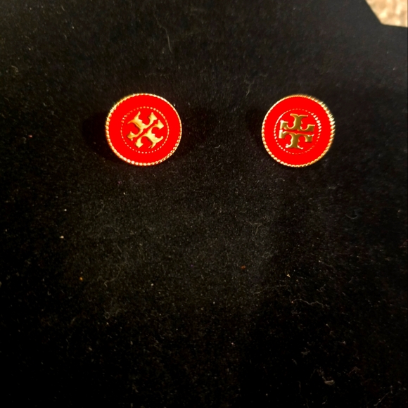 18kgp Tory Burch Red and Gold Logo Earrings - Picture 1 of 8